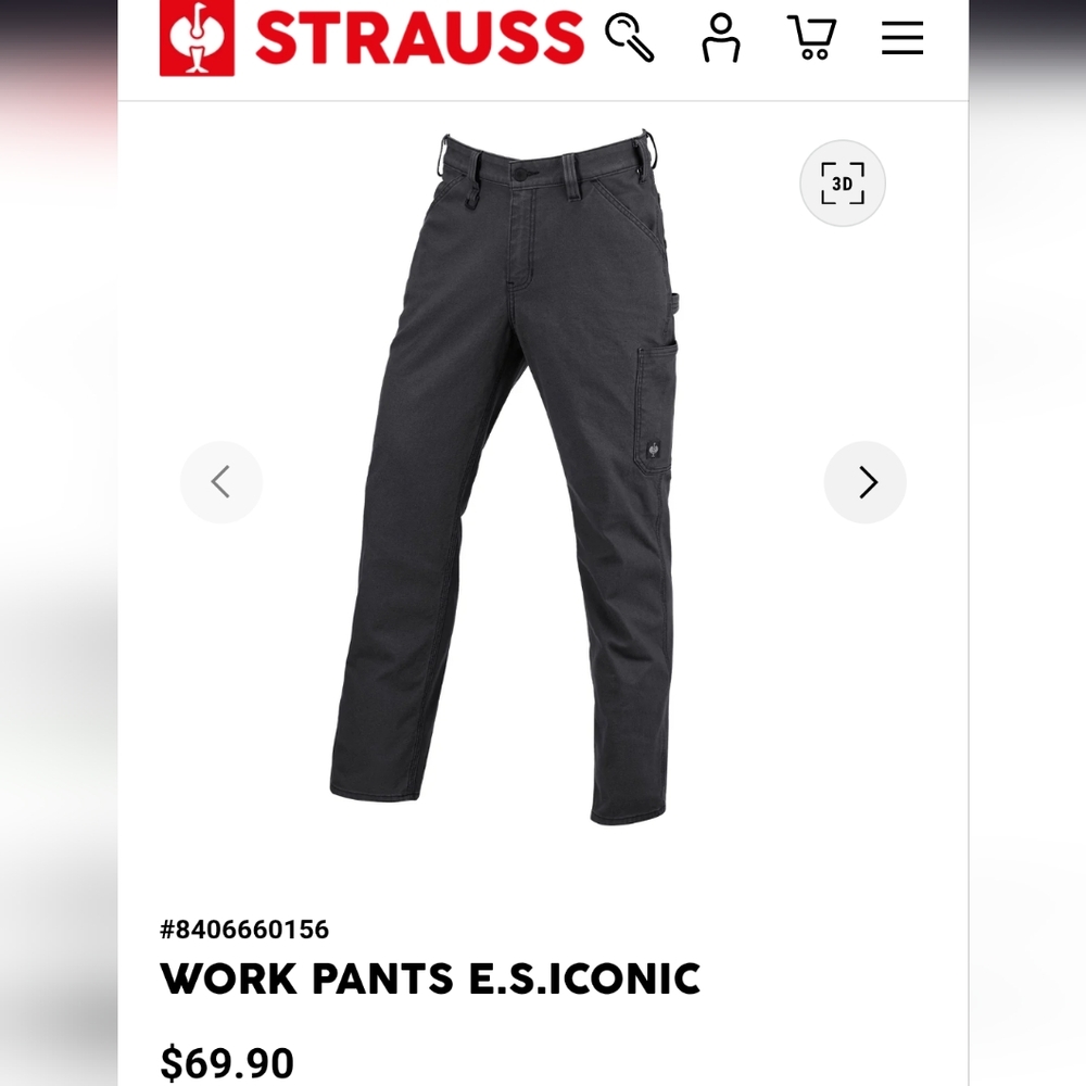 NWT  Men's STRAUSS Work Pants e.s.iconic in Black - Sz 40R